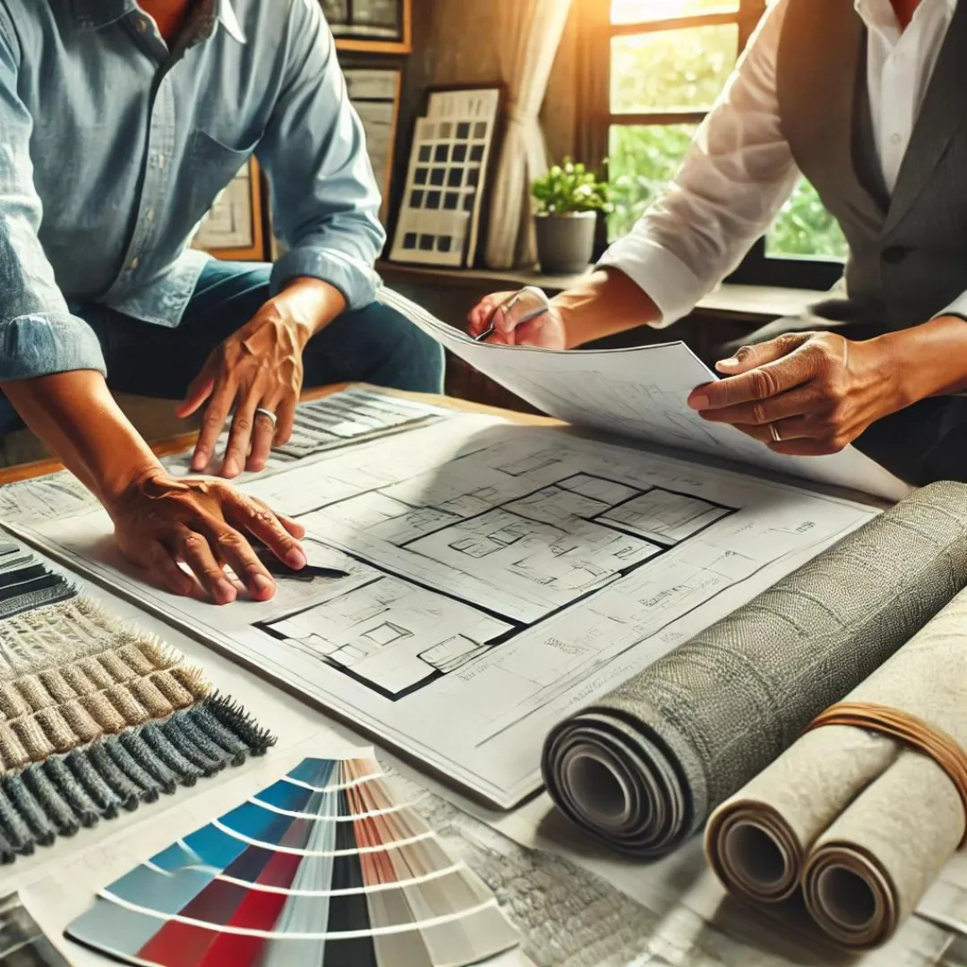 interior design assistant reviewing blueprints